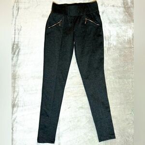 QED London Gold Zipper Charcoal Gray Pull On Stretch Skinny Leggings 10